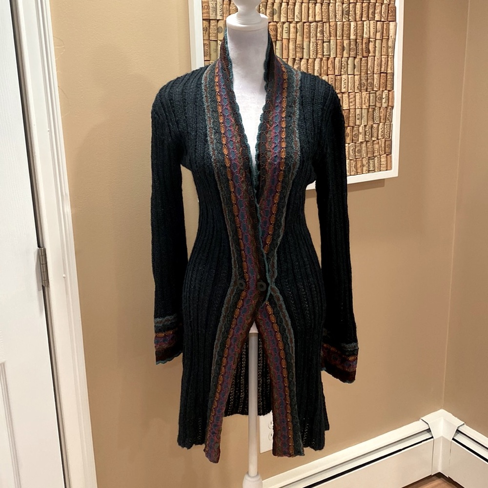 Peruvian Connection Black Ribbed Long Cardigan with Multicolor Trim